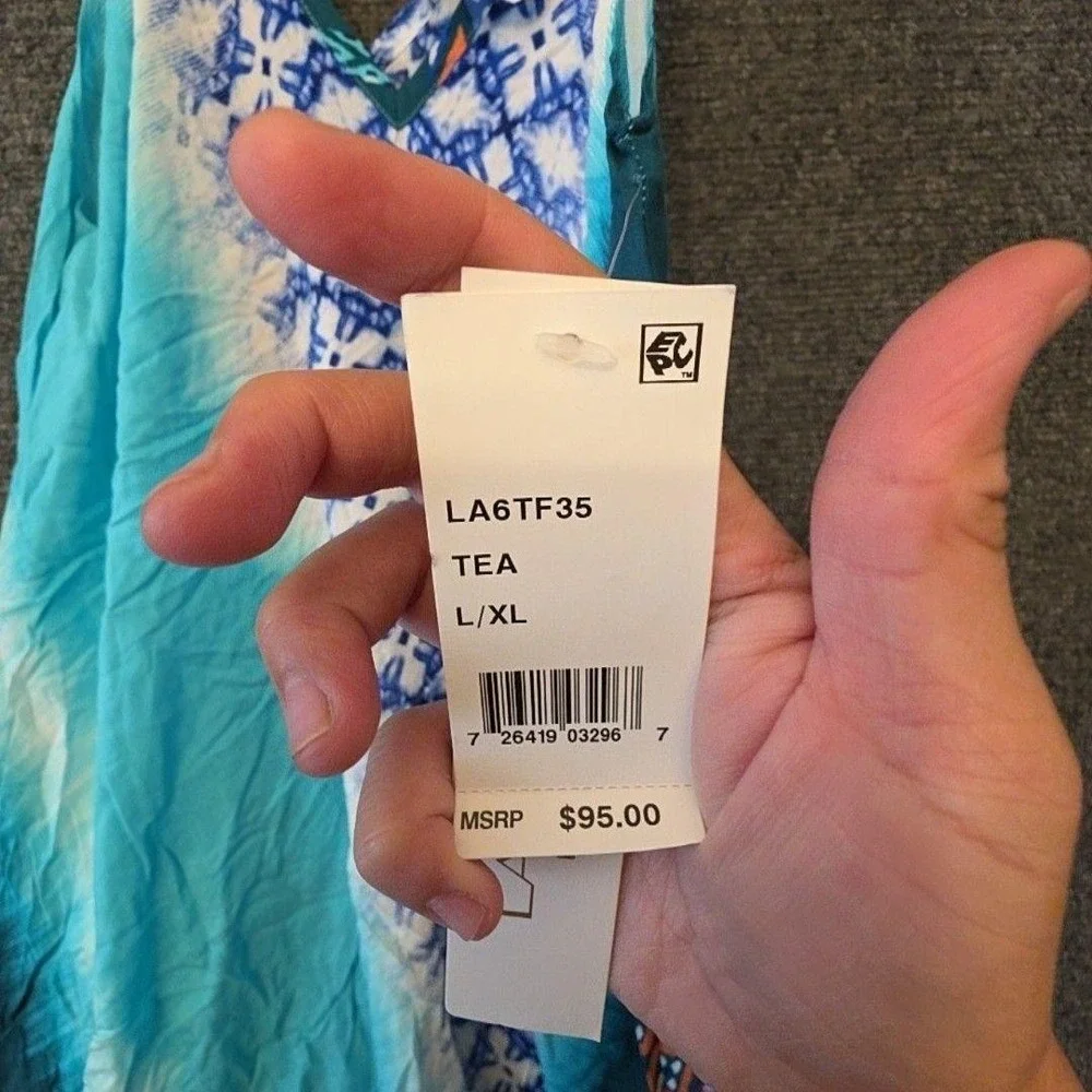 La Blanca Cover Up Womens L/XL Blue Tie Dye Hanky Hem Tank Dress Beach Boho